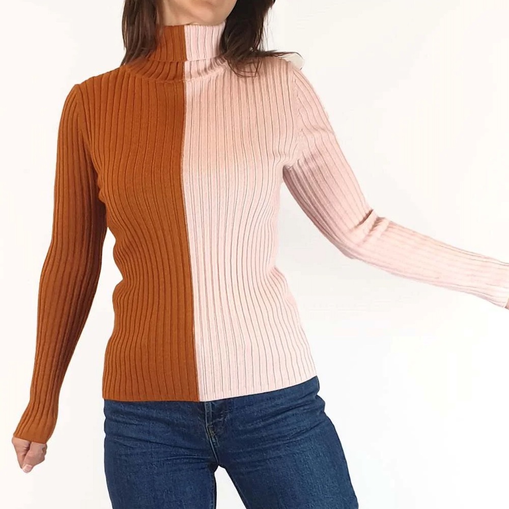 Gorman color block split tone 100% merino wool ribbed turtleneck size AU14